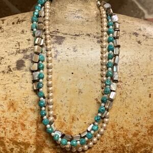 Deb Guyot Multi Strand Necklace Turquoise, Pearl, Shell & Topaz